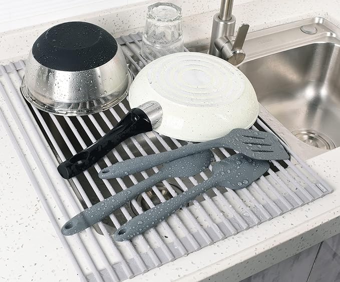 Surpahs Over Sink Foldable Multipurpose Roll-Up Dish Drying Rack, Silicone Wrapped Stainless Steel, Warm Gray, 20.5" x 15.5"-Ruum Studio Home
