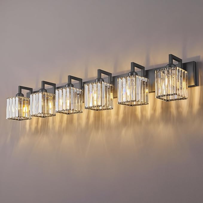 Modern Crystal Bathroom Vanity Light 6-Lights Black Modern Crystal Wall Lamp Bathroom Modern Crystal Vanity Lighting-Ruum Studio Home