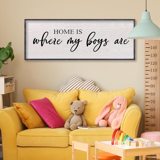 Home Is Where My Boys Are Wall Decor 32"×12" mom and her boys Sign for boys room Playroom Large Wood Framed Wall Hanging Art (Black)-Ruum Studio Home