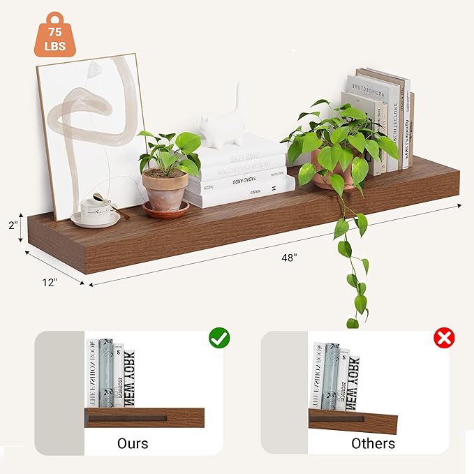 Heimlove 12 Inch Deep Floating Shelves, 48 x 12 inches Long Wall Shelf, Rustic Wood Wall Shelves for Fireplace Mantel, Set of 1 (Walnut)-Ruum Studio Home