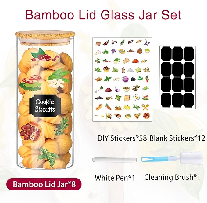 32 oz 8 Pcs Glass Jars with Bamboo Lids, Stackable Clear Food Storage Jars, Airtight Kichen Glass Pantry Storage Containers with Lids for Rice, Candy, Sugar, Flour, Nuts, Cookie, Coffee Bean-Ruum Studio Home