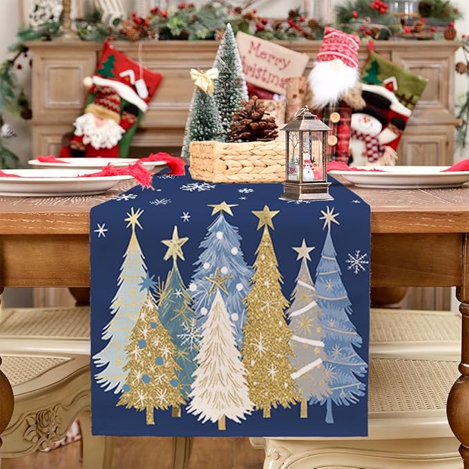 GEEORY Christmas Table Runner 13x120 Inch, Xmas Trees Snowflakes Holiday Decorative Farmhouse Table Decoration for Kitchen Dinning, Indoor Outdoor Dinner Party Decor (Blue) GT151-120N-Ruum Studio Home