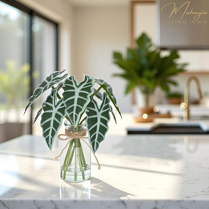 Artificial Flowers Turtle-Back, Alocasia Leaf, in Glass Vase with Faux Water,7Pcs Artificial Leaves Real Touch Latex Leaves for Centerpiece (1, Alocasia Leaf)-Ruum Studio Home