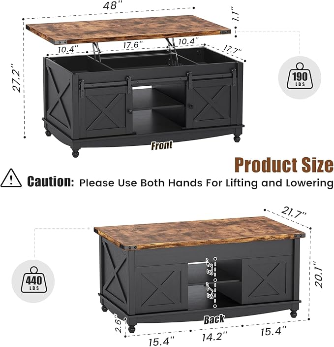 48" Farmhouse Lift Top Coffee Table with Storage Sliding Barn Door & Large Hidden Compartment, Coffee Table with Lifting Top with Wooden Lift Tabletop, Coffee Tables for Living Room, Black-Ruum Studio Home