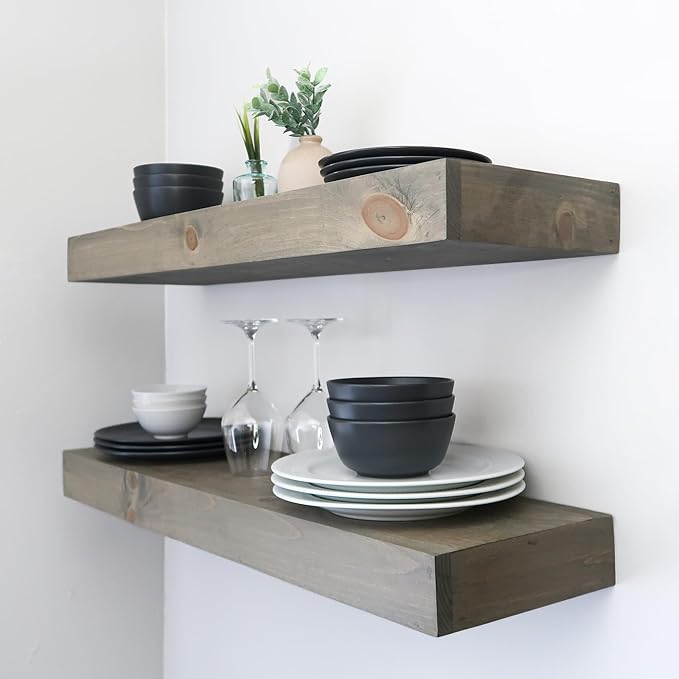 Modern Floating Shelves 3 Inches Thick for Wall, Wide Shelves for Kitchen, Living Room, Bedroom, and Bathroom, Natural Pine Wood, Rustic Wooden Shelf, (Set of 2) (Aged Barrel, 24Lx3Hx6D)-Ruum Studio Home