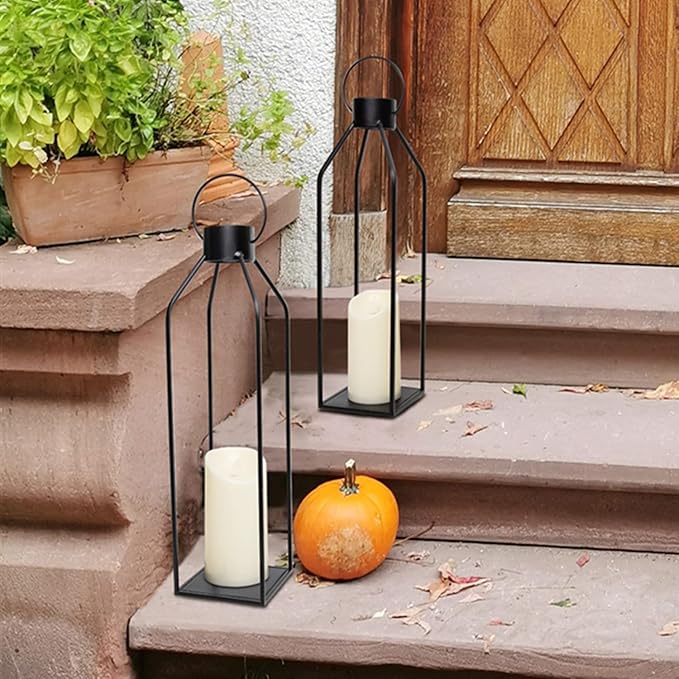 HPC Decor 22'' 19'' Lanterns Decorative w/ Flickering Timer Candles- Large Tall Black Metal Candle Lanterns Set of 2- Modern Farmhouse Decor for Indoor,Outdoor,Tabletop,Porch (No Glass)-Ruum Studio Home