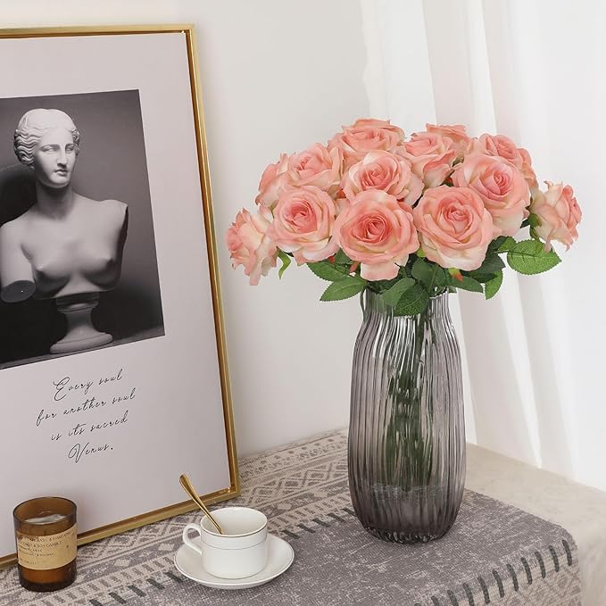 Pink Fake Roses Artificial Flowers - 10 Pcs Fake Artificial Roses Silk Flowers with Stems for Home Wedding Hotel Office Centerpiece Decor（Gradient Pink）-Ruum Studio Home