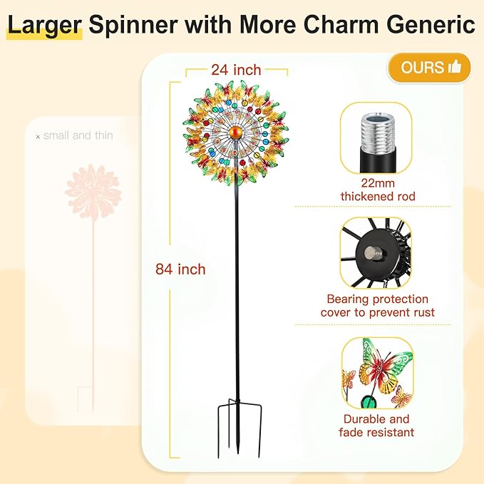 Lairander Butterfly Outdoor Wind Spinners, 84'' Large Garden Wind Spinner, Metal Yard Art Wind Sculptures & Spinners, Garden Decor for Outside Yard Ornaments Clearance Gift for Family-Ruum Studio Home