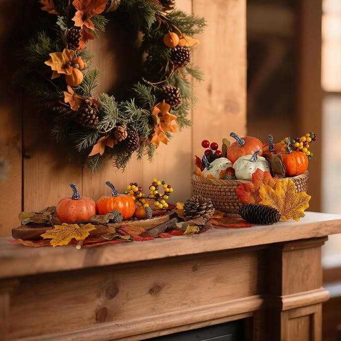 Artmag 51 PCS Artificial Pumpkins, Fall Harvest Decorations with Acorns, Pinecones, Berries, Maple Leaves for Farmhouse Fall Thansgiving Halloween Decor Decoration-Ruum Studio Home