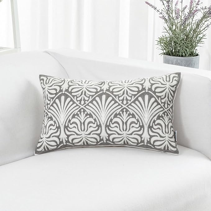 HWY 50 Grey Gray Decorative Lumbar Pillow Cover Rectangle 12x20 Inch (1 Piece), Embroidered Cotton Farmhouse Cushion Cover Pillow Case for Sofa Couch Living Room Bed, Minimalist Floral-Ruum Studio Home