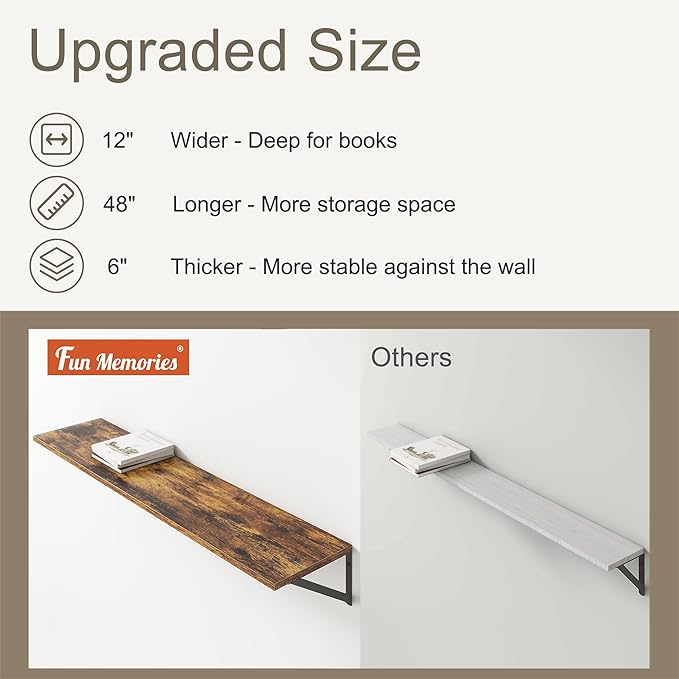 12 Inch Deep Floating Shelves,48W x 12D Floating Shelves, Deep Wall Shelves Bracket Set of 2, Large Display Floating Shelf for Bathroom, Living Room, Wide Storage Wooden Wall Shelf, Rustic Brown-Ruum Studio Home