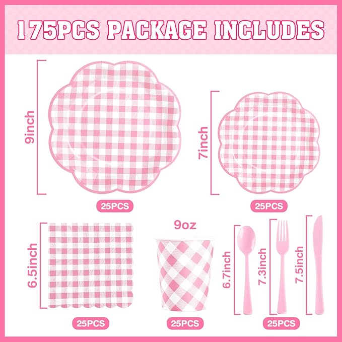 175 Pcs Pink Gingham Plates and Napkins Party Supplies - Pink and White Checkered Plates Sets Serve 25 Guests - Scalloped Gingham Paper Plate for Birthday Wedding Picnic Party Decorations-Ruum Studio Home