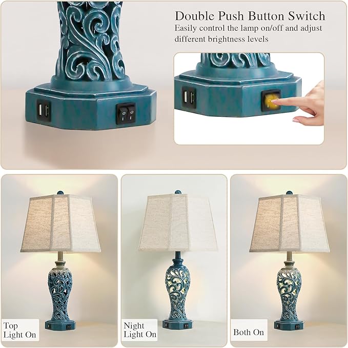25'' Farmhouse Table Lamps Set of 2 for Living Room Bedroom, 2 USB Ports Coastal Vintage Table Lamp with Nightlight, Blue Green Hollow Out Resin Lamp for End Table (Bulbs Included)-Ruum Studio Home