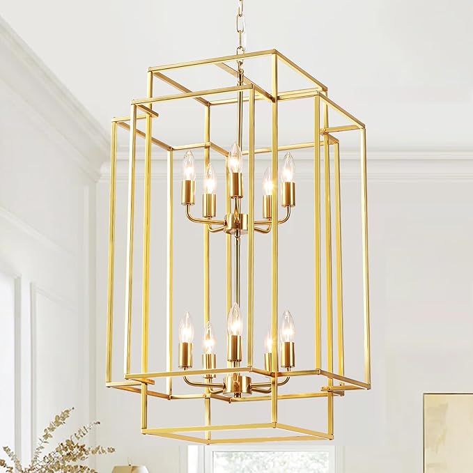 30" Farmhouse Gold Chandelier, 10-Light Foyer Lighting Fixtures, Lantern Tiered Pendant Light Fixtures, Metal Rustic High Ceiling Chandelier for Dining Room Entryway Staircase-Ruum Studio Home