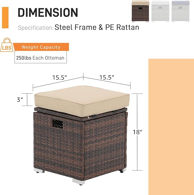 Patiorama 2 Piece Outdoor Patio Ottomans, All-Weather Brown PE Rattan Wicker Ottoman with Storage, Outdoor Footrest Footstool Seat w/Thick Cushion, Built-in Handle for Backyard Poolside Porch (Beige)-Ruum Studio Home