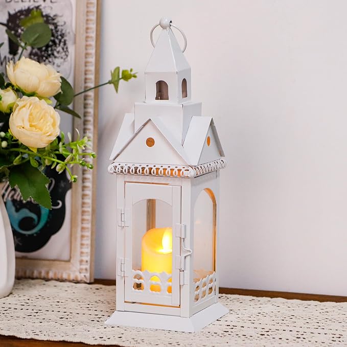 TRIROCKS Rustic Style Metal Candle Lantern 12'' High Decorative Outdoor Lantern Candle Holder with Tempered Glass House Shape for Home Living Room Garden Patio Parties Indoors Outdoors (White)-Ruum Studio Home