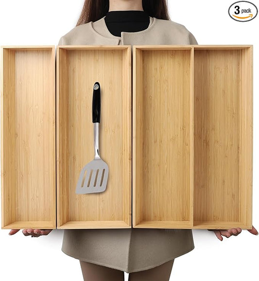 V-Shaped Bamboo Drawer Organizer Set of 3, Kitchen Large and Long Utensil Plate, Flatware & Silverware Storage Box, Wood Drawer Organizer for Bedroom, Living Room (19.6"x5.7" & 7.8" & 12.4")-Ruum Studio Home