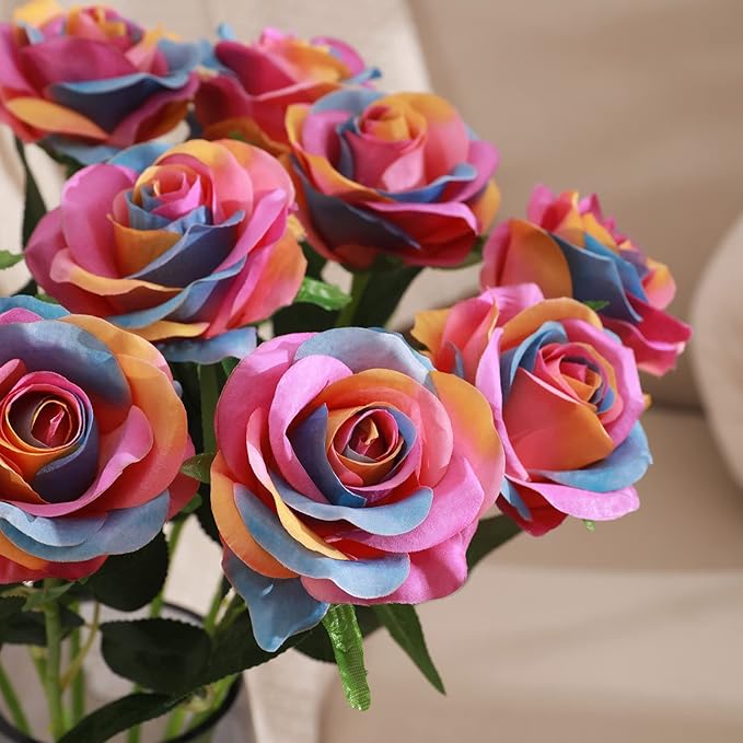 Rainbow Fake Roses Artificial Flowers - 10 Pcs Fake Artificial Roses Silk Flowers with Stems for Home Wedding Hotel Office Centerpiece Decor（Rainbow）-Ruum Studio Home
