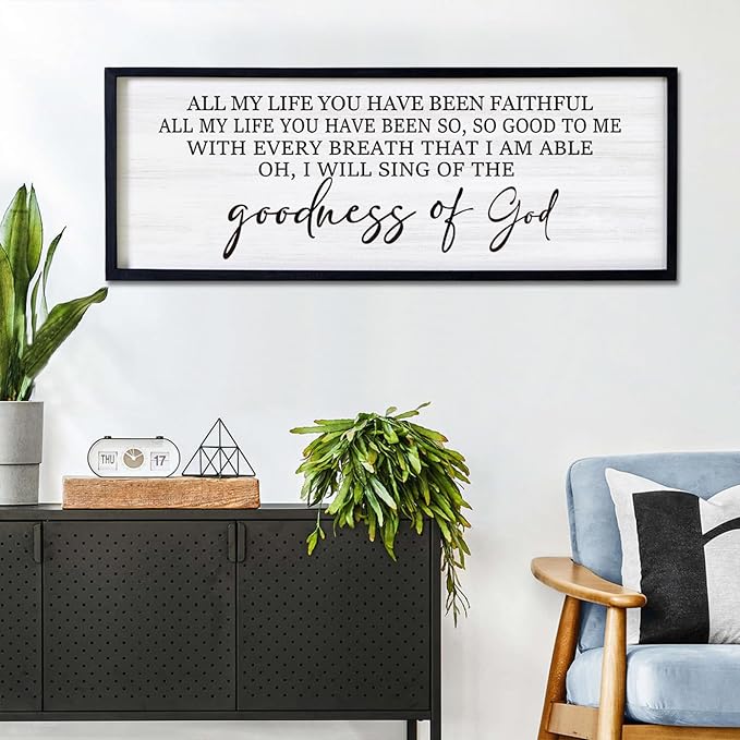Goodness of God Framed Wall Art, 40''×15'' Positive Religious Black Bible Verse for Christian God Jesus Christ Prayer, Vintage Rustic Long Holy Catholic Scripture Decor-Ruum Studio Home