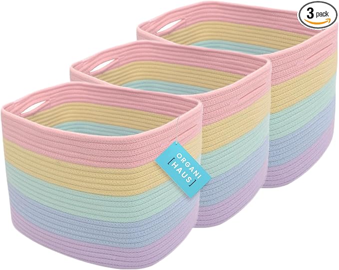 OrganiHaus Set of 3 Rainbow Woven Storage Baskets for Organizing, Cotton Rope Organizer Bins for Shelves, Closet & Nursery, Dog Toy Basket, Decorative Bins for Toys, Towels & Books - 15x10x9-Ruum Studio Home