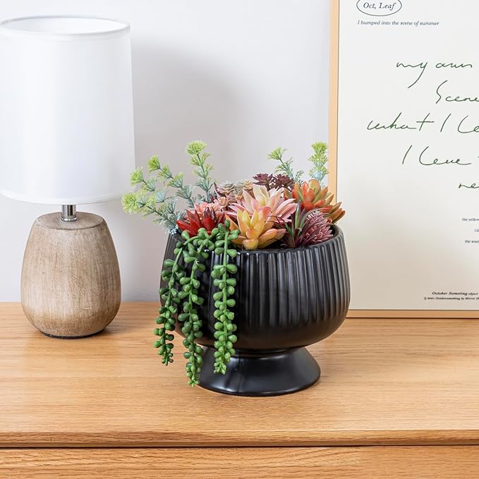 MyGift 10 Inch Modern Artificial Succulent Arrangement Potted in Matte Black Ribbed Ceramic Round Planter, Decorative Plant Pot with Assorted Faux Mini Succulents-Ruum Studio Home