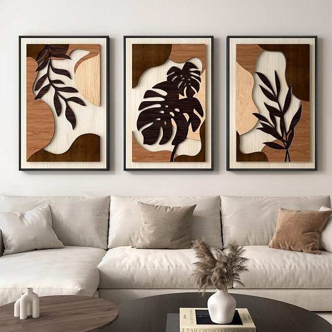 Framed Textured Wood 3D Wall Art for Living Room, Large Boho Tropical Brown Artwork for Walls, 3 Piece Farmhouse Botanical Leaf Wood 3D Textured Wall Art Decor for Office Bedroom Hallway, 24x36 Inch-Ruum Studio Home