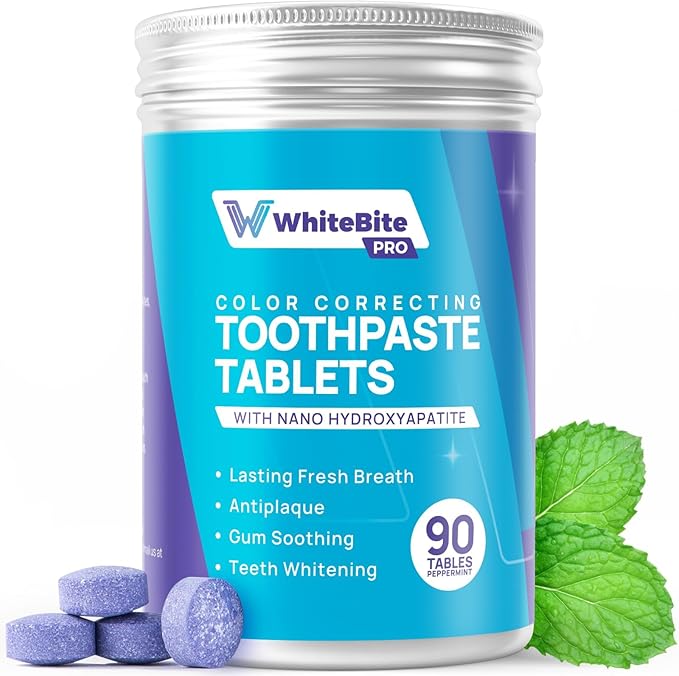Whitebite Pro Color Correcting Toothpaste Tablets with Nano Hydroxyapatite | Fresh Breath & Natural Whitening | Travel-Friendly Toothpaste & Mouthwash | Fluoride and Plastic-Free (Peppermint)-Ruum Studio Home
