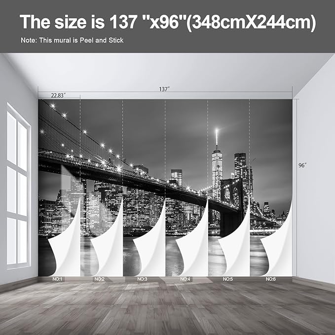 Gray Brooklyn Bridge at Night NYC Wall murals New York Peel and Stick Wallpaper for Bedroom Living Room - 96"x137"-Ruum Studio Home