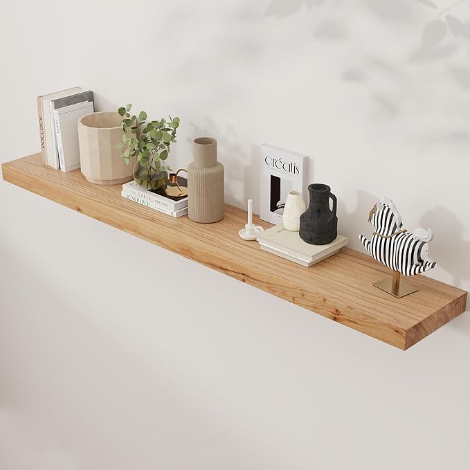 Axeman Floating Shelves for Wall, Rustic Elm Wood 56''W x 8" D Wall Shelf with Invisible Bracket, Large Long Wall Mounted Storage Shelves for Living Room, Bedroom, Kitchen, Bathroom Decor, Natural-Ruum Studio Home