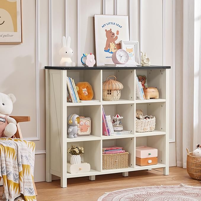 9 Cube Bookcase, Farmhouse 47 Inch Wide White Bookshelf, Wooden 3 Tier Display Large Open Book Shelf, Vintage Horizontal Book Case for Home Office, Cubby Storage Cabinet for Living Room-Ruum Studio Home