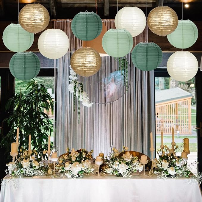 Paper Lanterns Sage Green Gold Round Hanging Chinese Lanterns for Birthday Party Baby Shower Bridal Shower Decorations Pack of 12-Ruum Studio Home