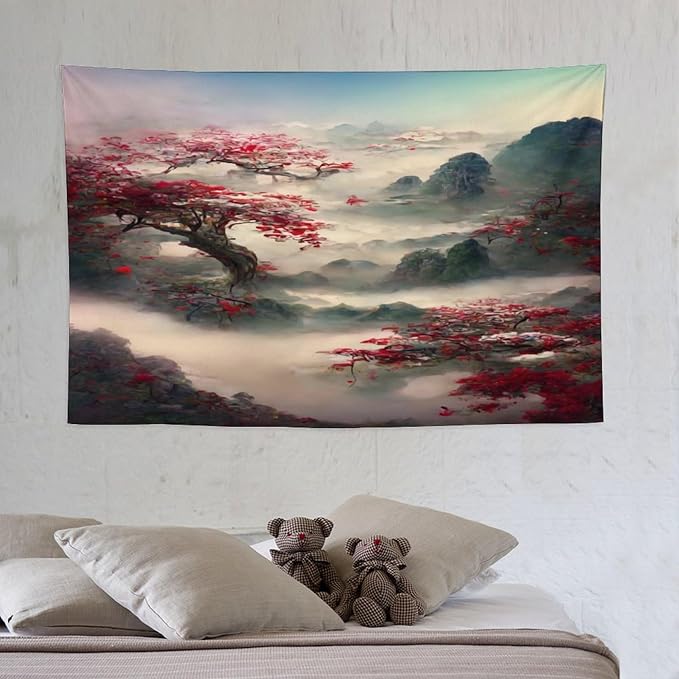 Japanese Tapestry, Red Plum Cherry Blossom Mountain, Asian Wall Art, Nature Landscape for Bedroom & Living Room Decor, 60"x40"-Ruum Studio Home