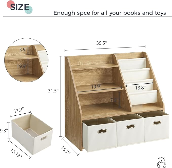 Kids Bookshelf, Kids Toy Storage Organizer with Storage Bins, Wooden Bookshelf and Book Display Shelf for Bedroom, Playroom, Nursery, Classroom, Teak Color-Ruum Studio Home