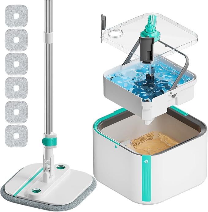 Upgraded Spin Mop and Bucket Set Self-Standing Mop Bucket Separate Dirty and Clean Water System Self Wringing 360° Rotating 90° Foldabl Mops and Buckets for Floor Cleaning (Blue, 6Pads)-Ruum Studio Home