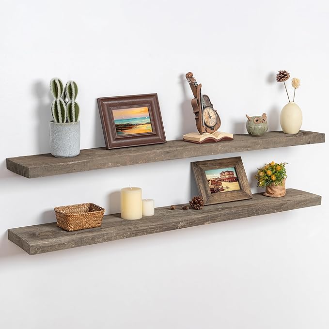 48 Inch Fireplace Mantel Shelf - 8 Inch Deep Rustic Solid Reclaimed Wood Floating Shelf, Wall Mounted Farmhouse Display Shelf with Invisible Heavy Duty Metal Bracket, Set of 2, Cement Grey-Ruum Studio Home