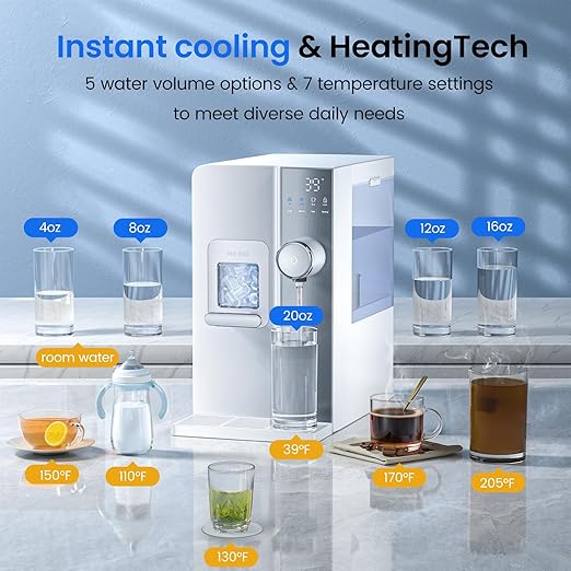 Ice Maker Water Filter Dispenser, 3 in1 Countertop Instant Hot & Cold Water -7 Stage Purification with Remineralization 7 Temperature & 5 Dispensing Volume Options Portable No Installation.-Ruum Studio Home