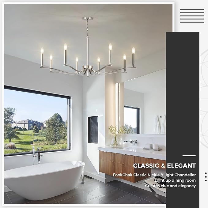 Nickel Chandeliers for Dining Room, 8-Light Chandelier Light Fixture Over Table Modern Candle Chandelier 44in Master Bedroom Chandeliers Lighting for Entry Foyer Bathtub Living Room-Ruum Studio Home