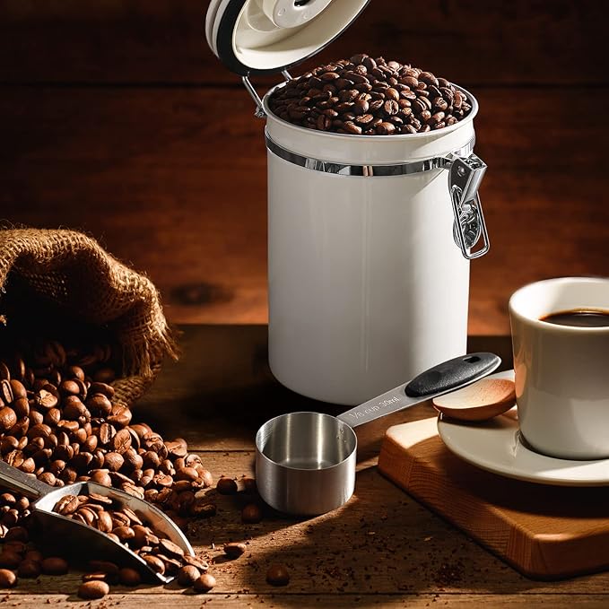 ShanSon Coffee Canister Airtight Coffee Container Stainless Steel Coffee Bean Storage Container with CO2 Release Valve and Scoop Coffee Canister for Beans,Grounds,Sugar,Flour,Tea,Cereal,22OZ,Off-White-Ruum Studio Home