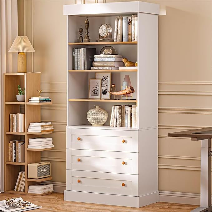 Vyre 71" Tall Farmhouse Bookshelves with Drawers, Set of 2 – Large Modular Bookcase with Adjustable Shelves, Storage Cabinet for Living Room, Kitchen, Home Office, White-Ruum Studio Home