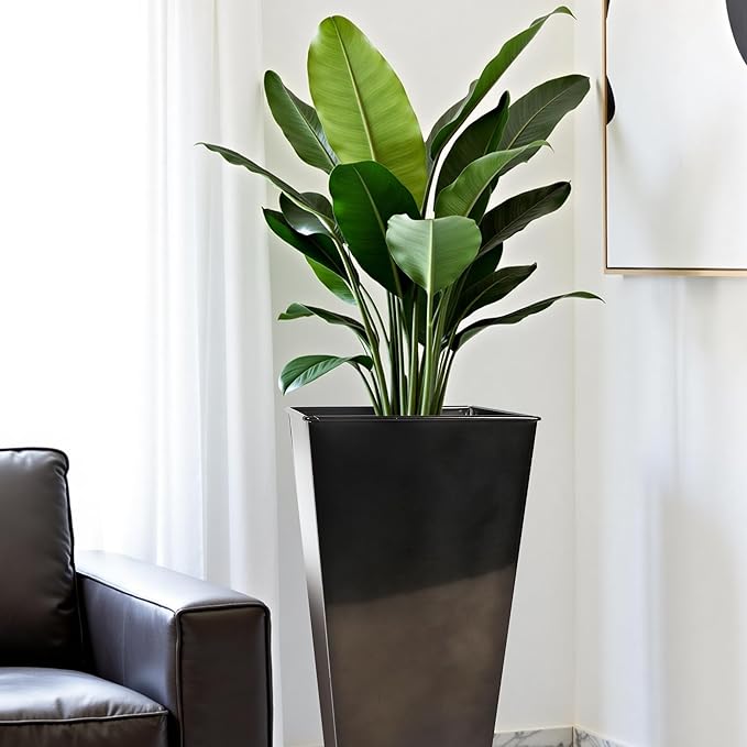 Worth Garden 28" H. Large Metal Glazed Planter Set of 2, Modern Glossy Finish Black Tall Square Tapered Steel Flower Plant Pots for Indoor & Outdoor Use - Insert Plate with Drain Holes, Air Vents-Ruum Studio Home