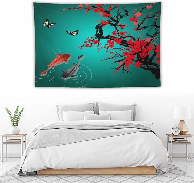 Houselerax Japanese Koi Fish Tapestry, Cherry Blossoms Asian Oriental Green Teal Floral Branch Koi Fish Carp Tapestries Wall Hanging for Bedroom Living Room Office Decor 90"x60"-Ruum Studio Home