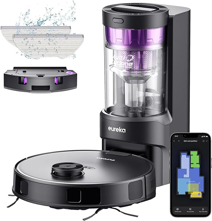 Eureka Robot Vacuum with Bagless Self Emptying Station, 2 in 1 Robotic Vacuum and Mop Combo, 60-Day Capacity, 4000Pa Suction, Auto Lifting Mop, LiDAR Navigation,NER E10s-Ruum Studio Home