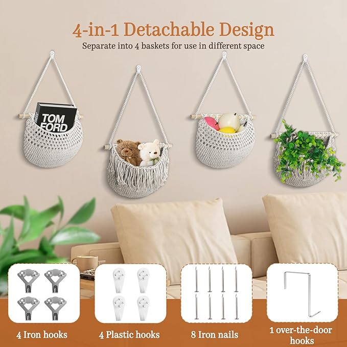4 Tier Hanging Fruit Basket for Kitchen, 4 Pack Detachable Cotton Crocheted Wall Hanging Baskets Shelf Over Door Organizer for Fruit Veggie Plant, Hanging Storage Basket for Bathroom Bedroom(Beige)-Ruum Studio Home