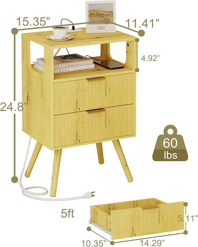 Nightstand with Charging Station and LED Lights,Modern Bedside Table with 2 Storage Drawer and Open Wood Shelf, for Bedroom and Small Spaces,Night Stand with Solid Wood Legs (Yellow Oak)-Ruum Studio Home