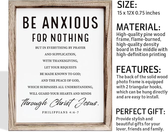 Christian Wooden Wall Signs, Farmhouse Home Decor, Christian Hanging Decor, Living Room Decors, Framed Wall Plaque Sign 15 * 11.5 inches, Be Anxious for Nothing Sign-Ruum Studio Home