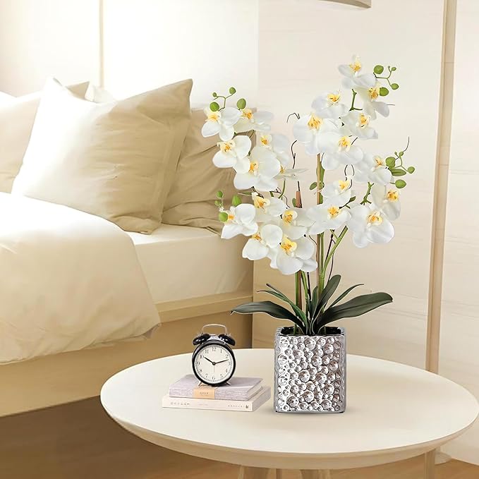 Orchid Artificial Flowers with Sliver Vase Large Silk Faux Phalaenopsis Flowers for Dining Room Table Floral Centerpieces Indoor Decoration,White-Ruum Studio Home