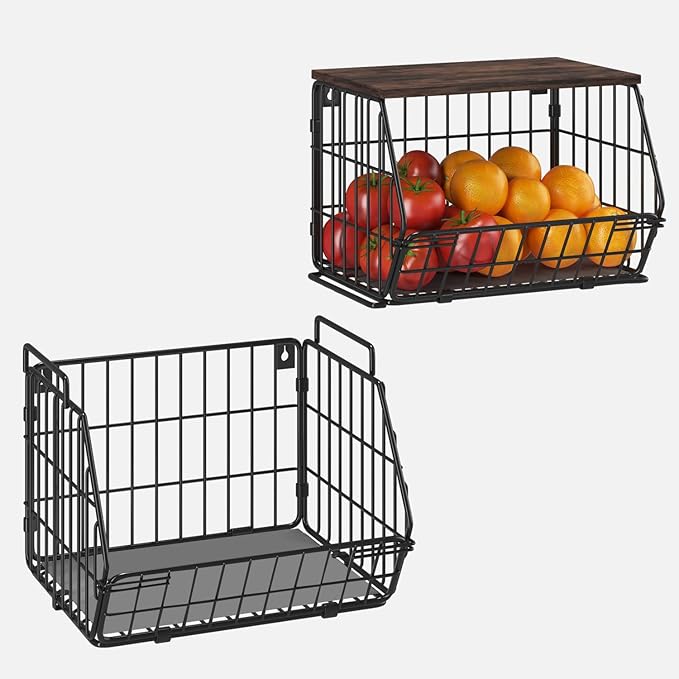 Wetheny 2 Tier Stackable Wall Mounted Wire Basket Fruit Basket with Wood Lid - Kitchen Pantry Organization and Storage, Hanging Storage Basket for fruits, Onion, Potato, Produce, Vegetable (Black)-Ruum Studio Home