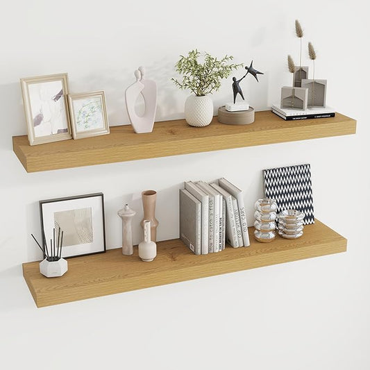 48 inch Floating Shelves for Wall Large Wall Mounted Shelves with Invisible Brackets, Oak Long Shelves for Bathroom, Living Room, Kitchen, Office, 48x9.1 inch deep Set of 2-Ruum Studio Home