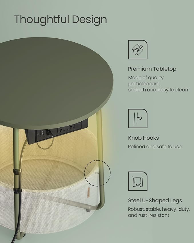 VASAGLE Side Table with Charging Station, Round End Table with Fabric Basket, LED Nightstand with Power Outlets, USB Ports, for Living Room, Bedroom, Modern, Forest Green and Cream White ULET227C01-Ruum Studio Home