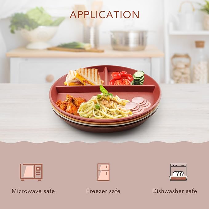 greenandlife 9 Inch 4PCS Unbreakable Portion Control Plates, Divided Plates for Kids Adults, Dishwasher & Microwave Safe Compartment Plate, Lightweight Reusable Wheat Straw Plate, BPA Free-Ruum Studio Home